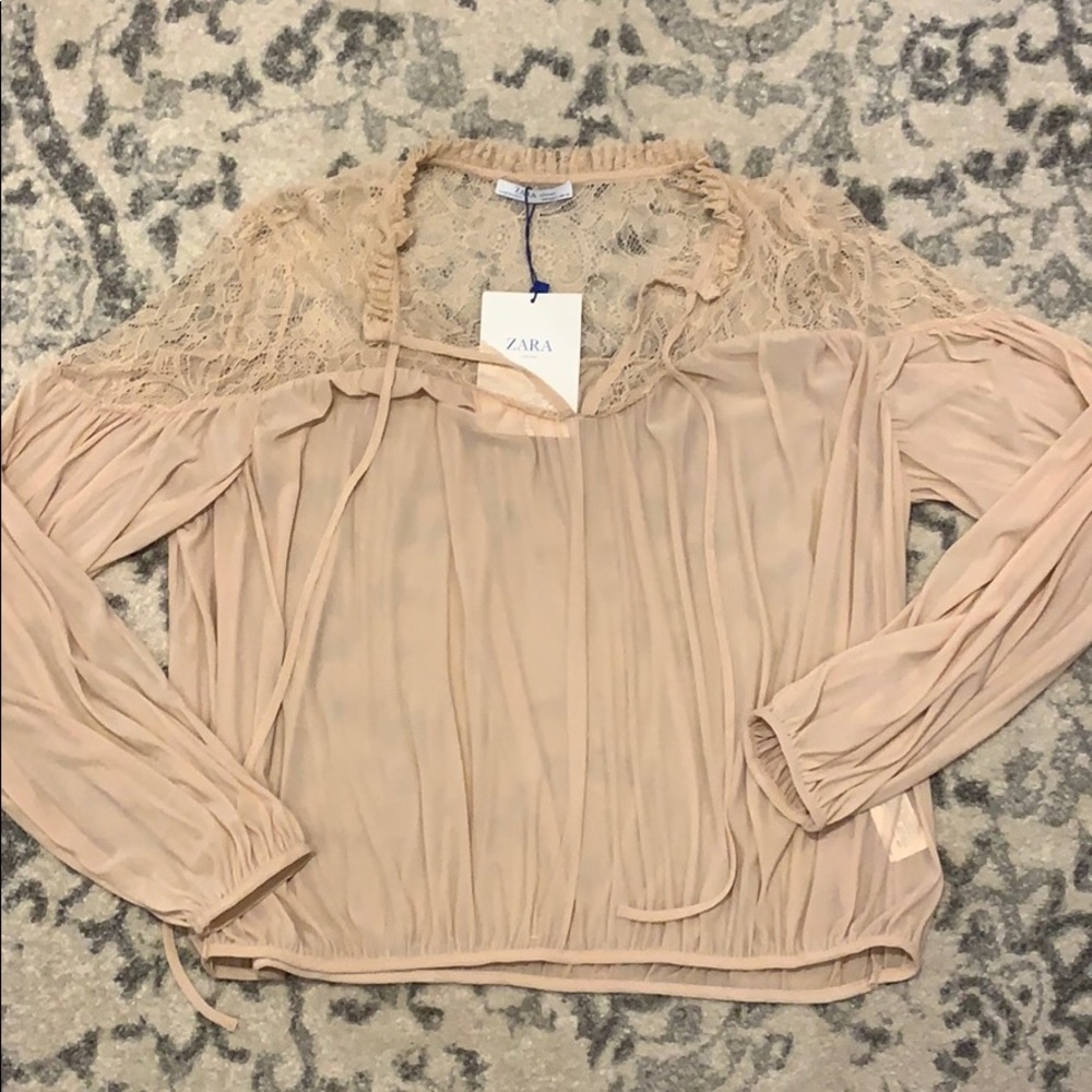 NWT Zara Pink Sheer Peasant Top